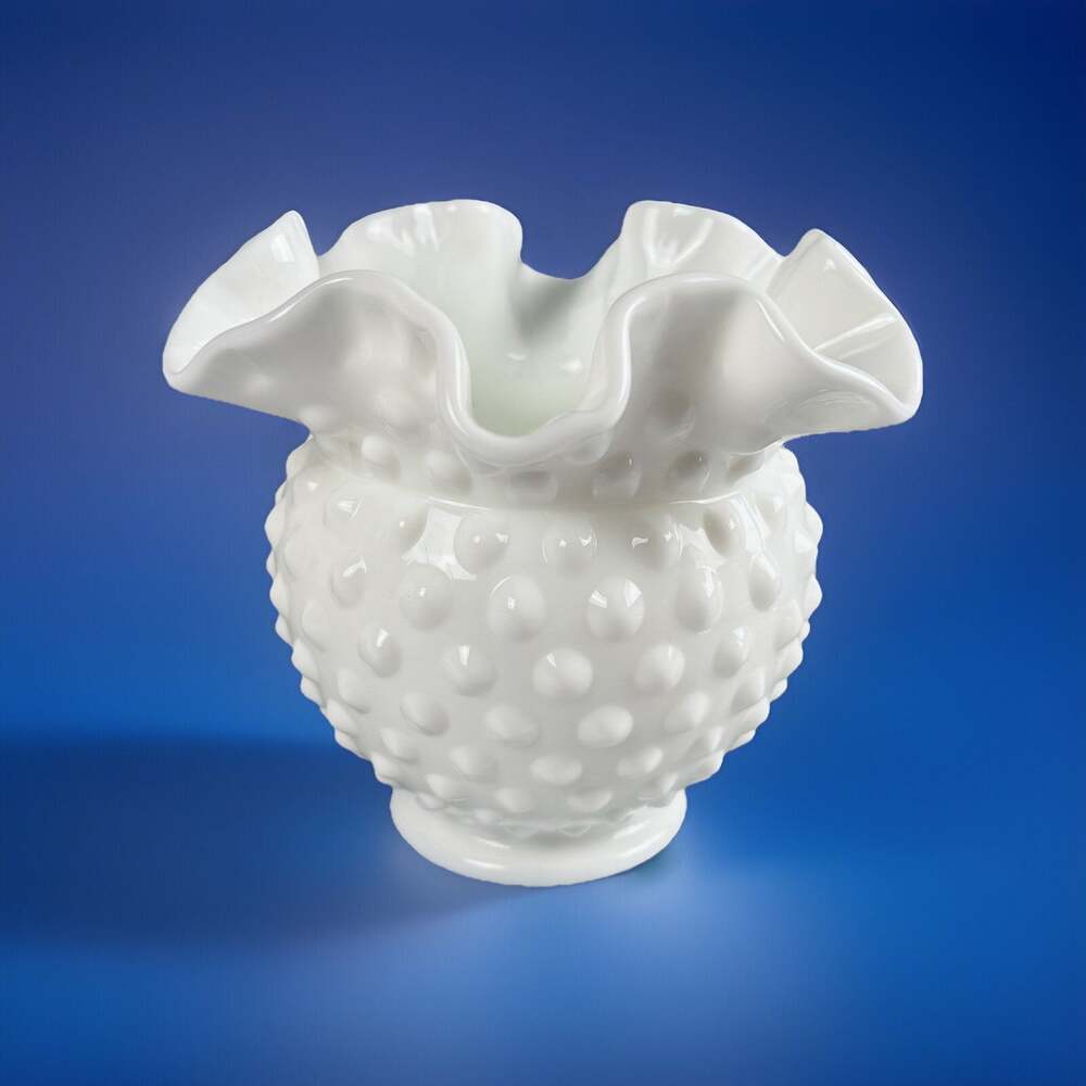 Fenton Vintage 1960's MCM Hobnail Milk Glass Double Crimped Ruffled Edge Vase 4”